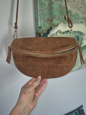 Suede Crescent Crossbody Bag in Tan with Gold Hardware